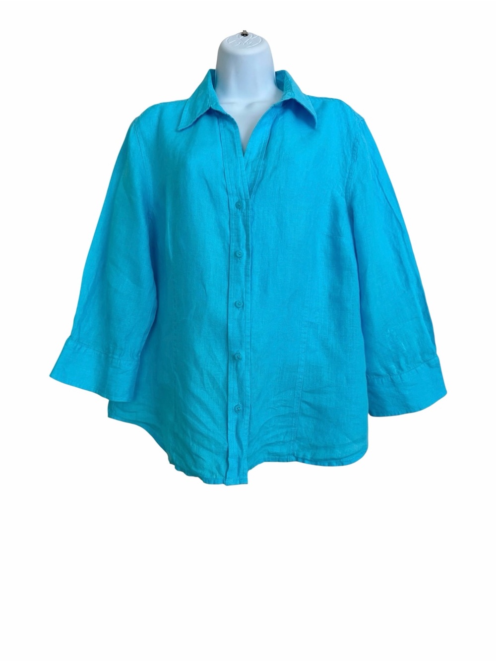 Talbots Turquoise Linen Button-Down Shirt Size Large Summer Breathable Relaxed